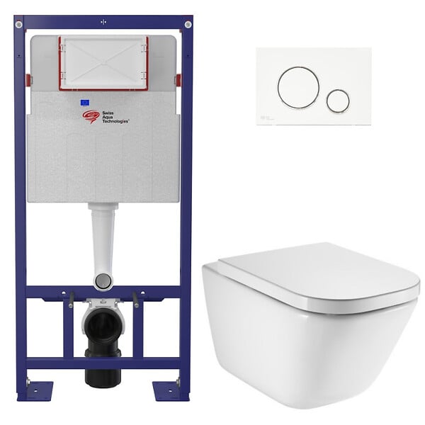 SWISS AQUA TECHNOLOGIES - Swiss Aqua Technologies Pack WC bâti-support autoportant + WC suspendu sans bride avec abattant SoftClose + plaque blanche (STROGAWR04-U) - large