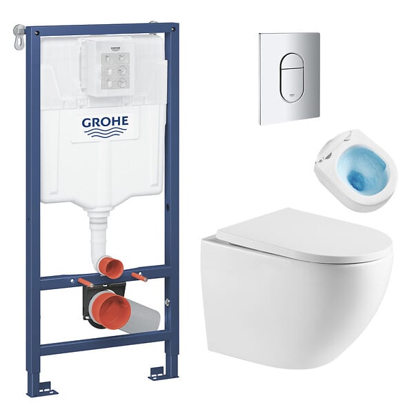 GROHE - Pack WC Bâti-support + WC sans bride Vortex SAT Fusion + Abattant softclose + Plaque Chrome - large