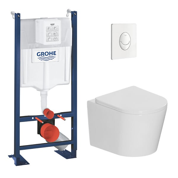 GROHE - Pack WC bâti-support autoportant Rapid SL 1.13 M + WC sans bride Ceramia + abattant SoftClose + plaque blanche (PROCETOR3) - large