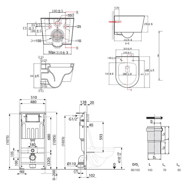 VILLEROY & BOCH - Pack WC Bâti-support + WC sans bride Swiss Aqua Technologies + Plaque blanche + Set d'isolation phonique - large