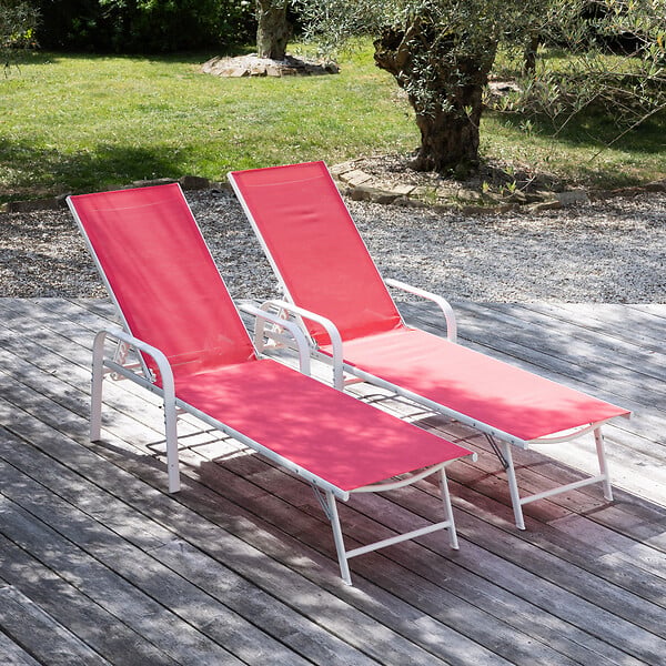 HAPPY GARDEN - Lot de 2 bains de soleil SARDINIA en textilène rose - structure blanche - large