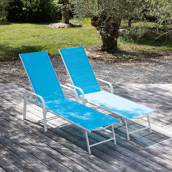 HAPPY GARDEN - Lot de 2 bains de soleil SARDINIA en textilène bleu - structure blanche - large