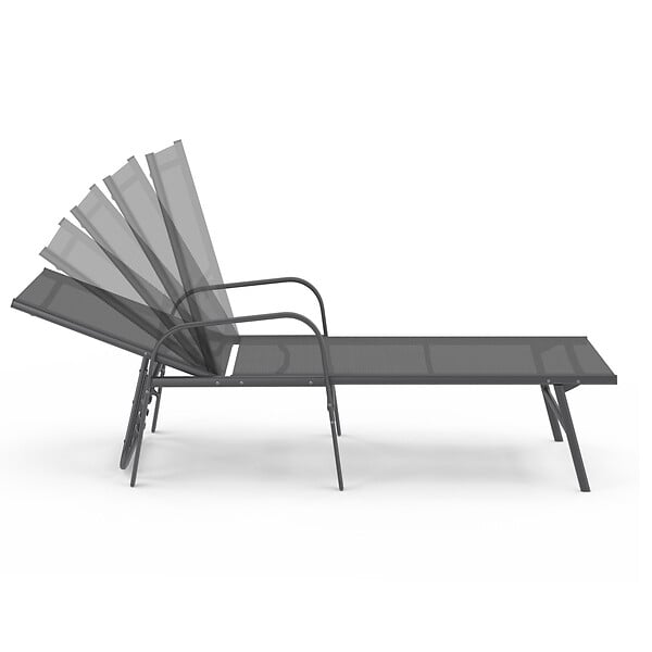 ID MARKET - Lot de 2 transats de jardin inclinables FIDJI en acier gris anthracite et toile grise - large