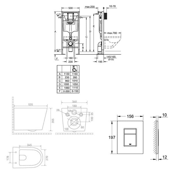 GROHE - Pack WC bâti-support autoportant Solido 1.13 M + WC sans bride Ceramia + abattant SoftClose + plaque chrome (AUTOPORTANT-CETOR1) - large