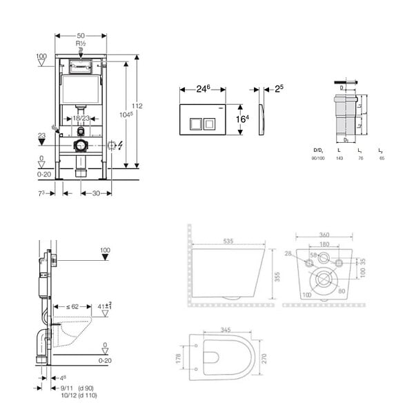 GEBERIT - Pack WC bâti-support Duofix  + WC suspendu sans bride + abattant SoftClose + plaque blanche + set d'habillage (CETORGEB1SB) - large