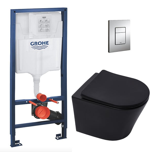 GROHE - Pack WC Bâti-support Rapid SL + Cuvette SAT Infinitio noire mat + Abattant frein de chute + Plaque Chrome - large