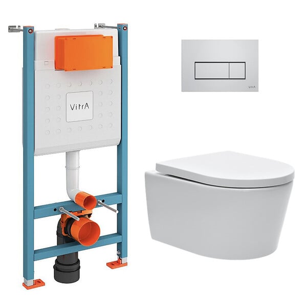 VITRA - Pack WC Bâti-support V-Fix Core + WC SAT sans bride et fixations invisibles + Plaque Chrome brillant (V-FixSATrimless-8) - large