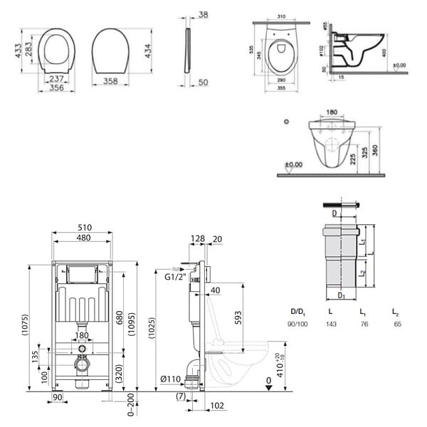 VILLEROY & BOCH - Pack WC Bâti-support Villeroy & Boch Viconnect + WC Vitra Normus + Abattant softclose + Plaque blanche - large