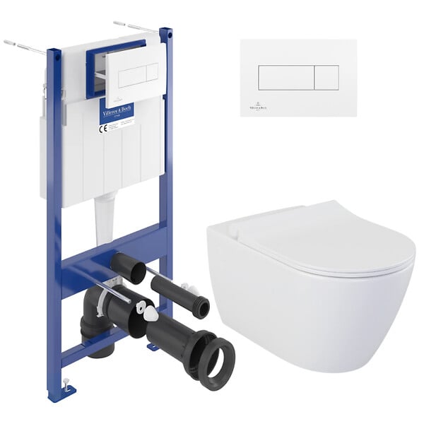 VILLEROY & BOCH - Pack WC Bâti-support Villeroy & Boch Viconnect + WC sans bride, fixations invisibles + Abattant frein de chute + Plaque Blanche - large
