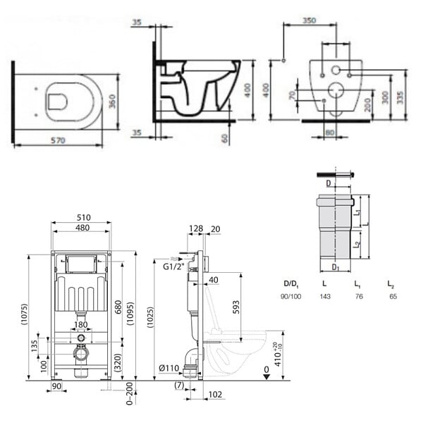 VILLEROY & BOCH - Pack WC Bâti-support Villeroy & Boch Viconnect + WC sans bride, fixations invisibles + Abattant frein de chute + Plaque Blanche - large