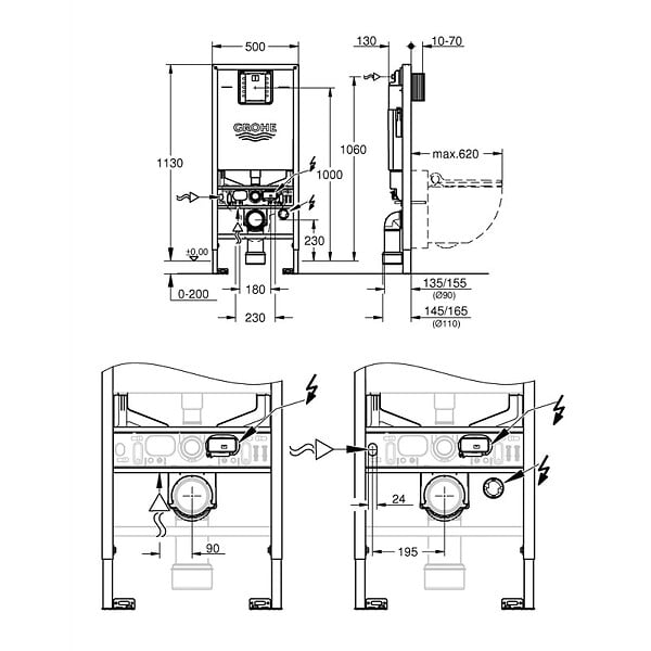 GROHE - Grohe Rapid SLX Bâti support WC, 1,13M, avec prise et raccordement pour WC lavant (39596000) - large
