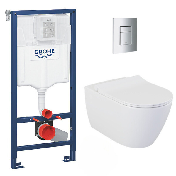 GROHE - Pack WC Bâti-support Rapid SL + WC sans bride LIVEA Bello + Abattant softclose + Plaque Chrome (RapidSL-Bello-1) - large