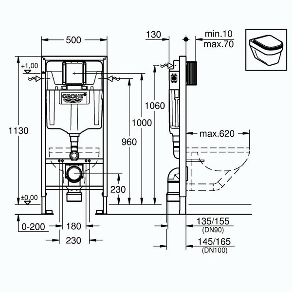 GROHE - Pack WC Bâti-support Rapid SL + WC sans bride LIVEA Bello + Abattant softclose + Plaque Chrome (RapidSL-Bello-1) - large