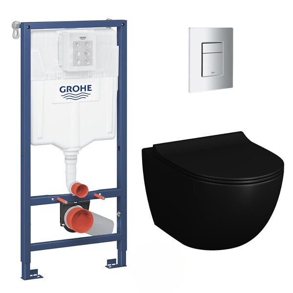 GROHE - Pack WC Bâti-support Rapid SL + WC SAT Infinitio 2.0, Noir mat + Abattant frein de chute + Plaque Chrome - large