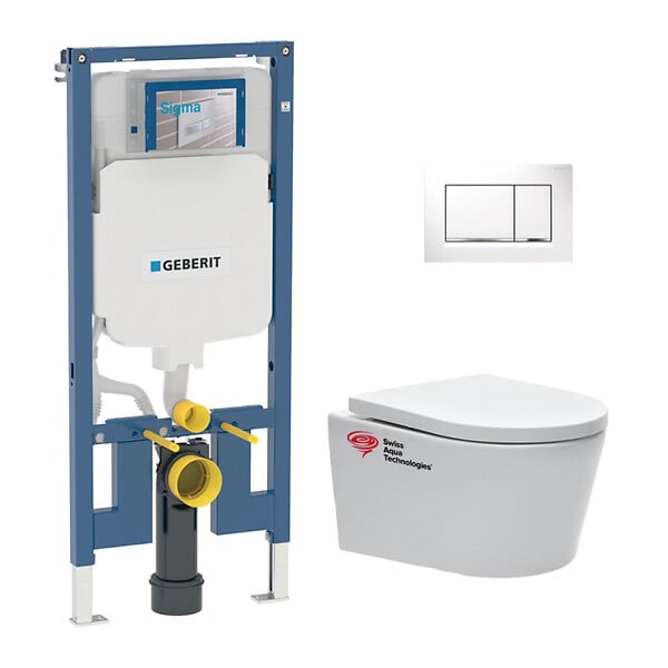 GEBERIT - Pack WC Bati-support Geberit + WC Swiss Aqua Technologies sans bride + abattant SoftClose + plaque blanche (SLIM-SATrimless-H) - large