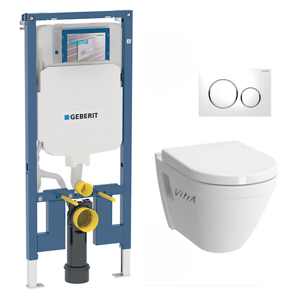 GEBERIT - Pack WC Bati-support Geberit + Cuvette suspendue Vitra S50 + Abattant frein de chute + Plaque  blanche et chrome - large