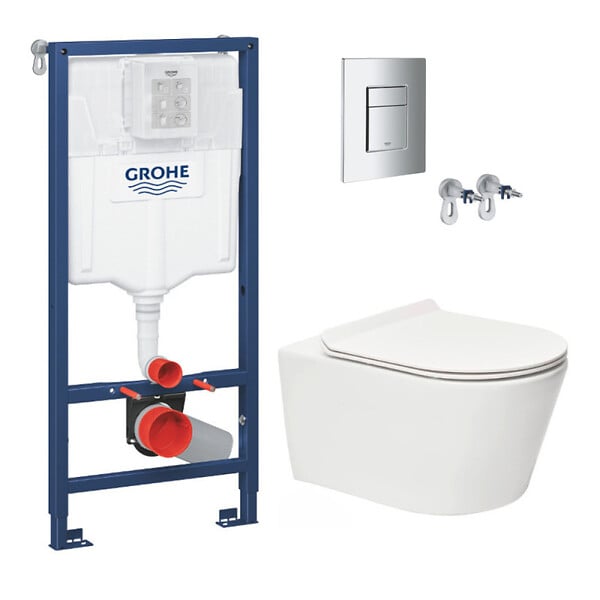 GROHE - Pack WC Bâti-support Rapid SL + WC sans bride SAT Brevis + Abattant slim, softclose + Plaque chrome (RapidSL-Brevis-1) - large