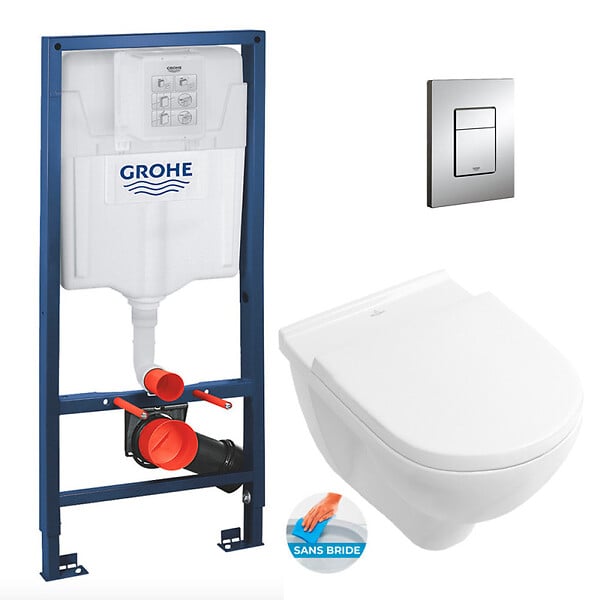 GROHE - Grohe Pack WC Bâti-support + Cuvette à fond creux sans bride O.novo + abattant softclose + Plaque Chrome (RapidSL-O.Novorimless-1) - large