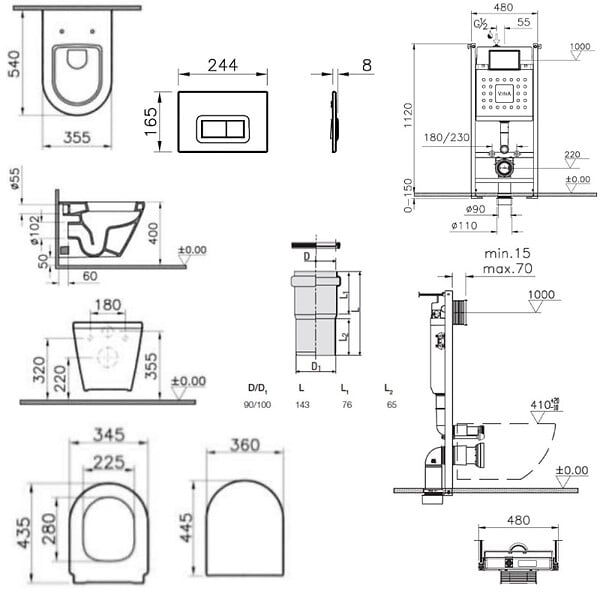 VITRA - Vitra  Pack WC Bâti-support V-Fix Core + WC Vitra Integra + Abattant en Duroplast + Plaque, Blanc Brillant (V-FixIntegraClassic-1) - large