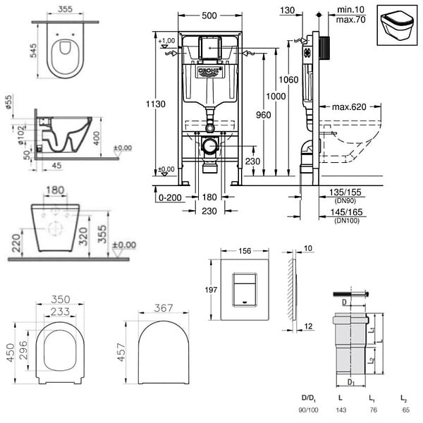 GROHE - Rapid SL Pack WC bâti-support + WC sans bride Vitra Integra + Abattant SoftClose + Plaque noir mat (RapidSL-BlackIntegra-KF0) - large