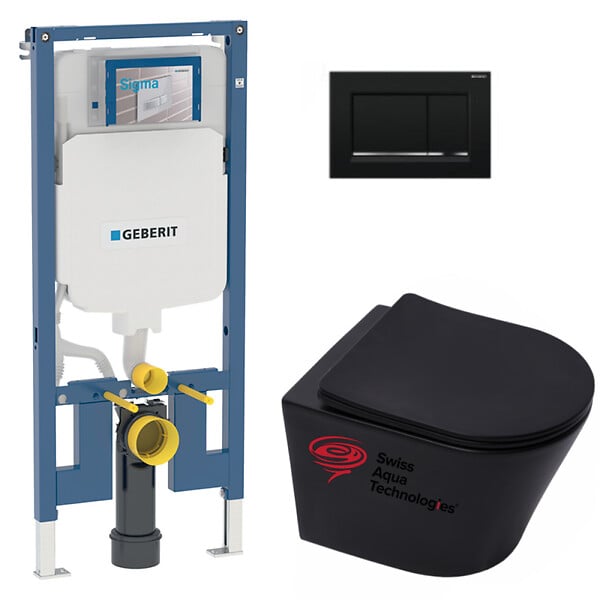 GEBERIT - Pack WC Bati-support Geberit UP720 + WC sans bride SAT Infinitio noir mat + Fixations cachees + Abattant softclose - large
