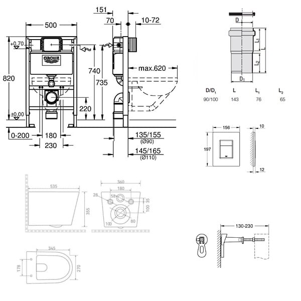 GROHE - Pack WC bâti-support Rapid SL + WC suspendu sans bride + abattant SoftClose + plaque chrome (RSL082CETOR1) - large
