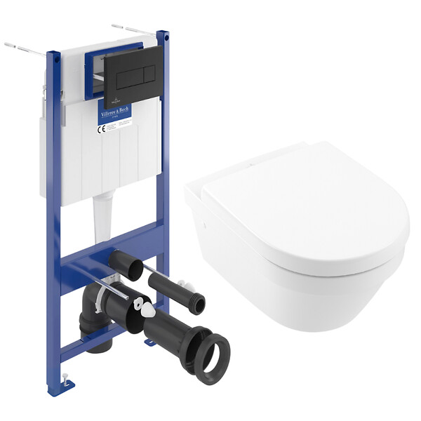 VILLEROY & BOCH - Pack WC Bâti-support sol mur Villeroy & Boch + WC sans bride Villeroy + Abattant SoftClose + Plaque noire (VCNARCHI3-4) - large