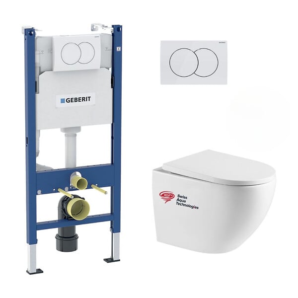 GEBERIT - Pack WC Bati-support Geberit Duofix + WC sans bride Swiss Aqua Technologies + abattant SoftClose + plaque blanche - large