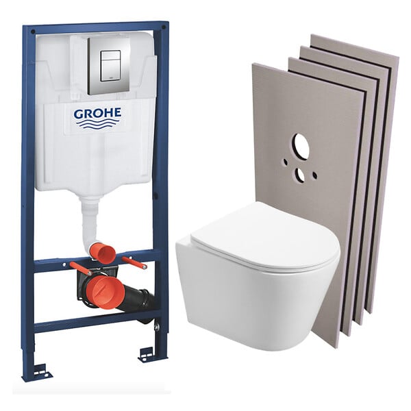 GROHE - Pack WC Bâti-support + WC SAT Infinitio sans bride, fixation invisible + Plaque chrome + Set d'habillage - large