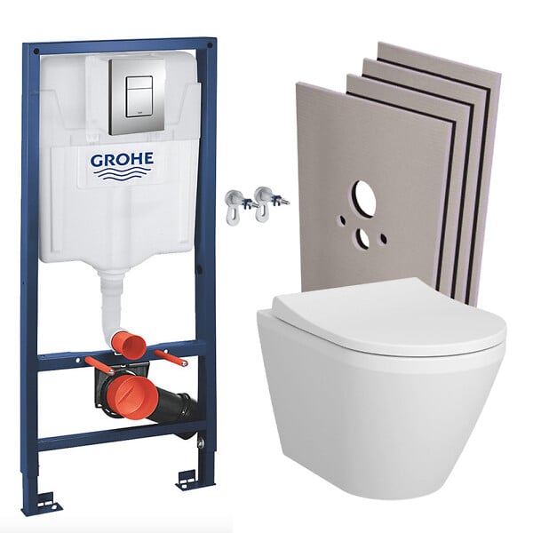 GROHE - Pack WC Bâti-support Rapid SL + WC sans bride + abattant soft close + Plaque de commande WC Skate Cosmopolitan + Set habillage - large
