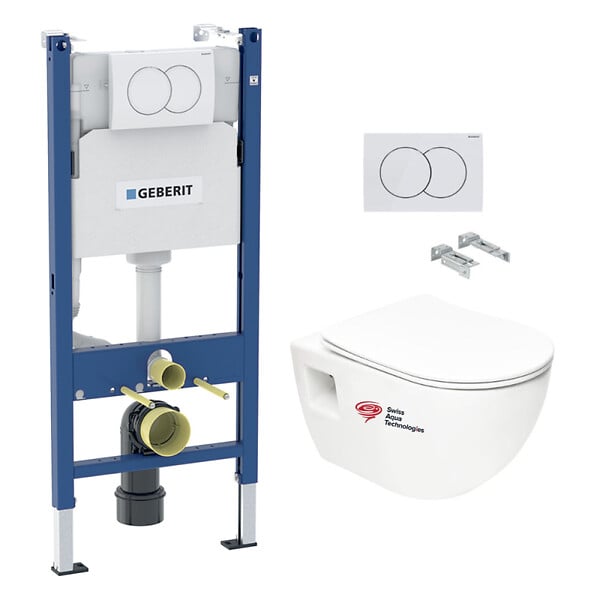 GEBERIT - Pack WC Bâti-support Geberit + WC sans bride Swiss Aqua Technologies + Abattant SoftClose + Plaque Blanche (ProjectGeb3) - large