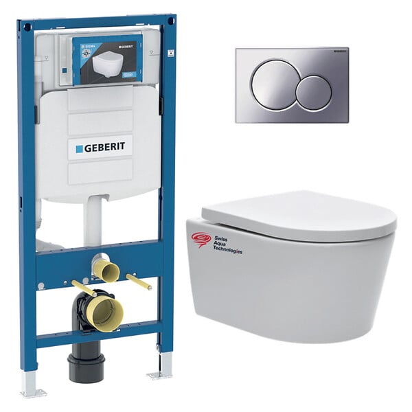 GEBERIT - Pack WC bâti-support Geberit + WC sans bride Swiss Aqua Technologies + abattant SoftClose + plaque chrome (GebSATrimless-N) - large