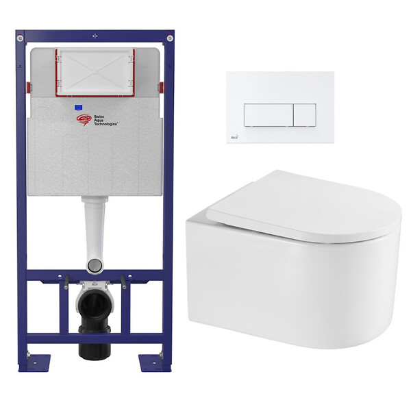 SWISS AQUA TECHNOLOGIES - Swiss Aqua Technologies Pack WC Bâti-support Autoportant + WC sans bride SAT Delano + Abattant SoftClose + Plaque Blanche (SMART-Delano-4) - large