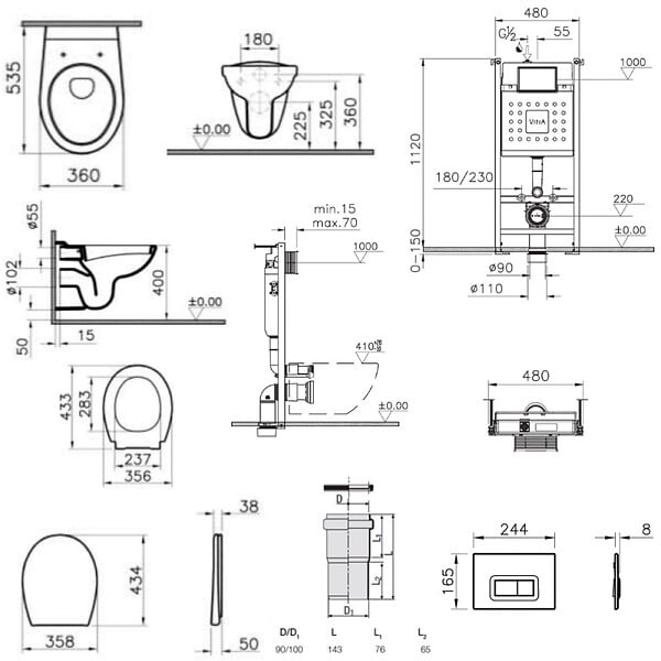 VITRA - Vitra  Pack WC Bâti-support V-Fix + WC sans bride Vitra Normus + Abattant SoftClose + Plaque, Blanc Brillant (V-FixNormusRimless-1) - large