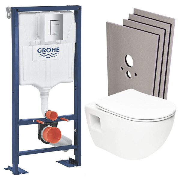 GROHE - SOLIDO Pack Bâti-support + WC sans bride SAT + Abattant SoftClose + Plaque chrome+ Set d'habillage (AUTOPORTANT-PROJECT-1-SABO) - large