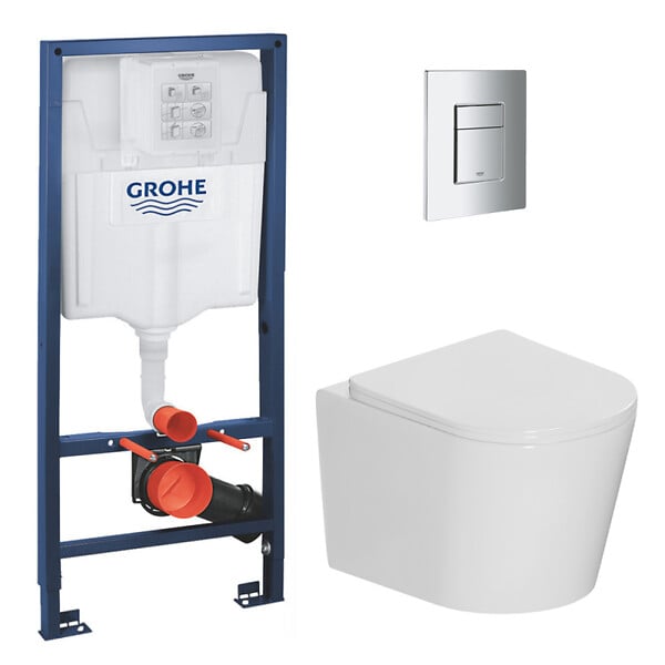 GROHE - Pack WC bâti-support Rapid SL + WC suspendu sans bride + abattant SoftClose + plaque chrome, blanc (RAPIDSL-CETOR) - large