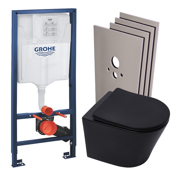 GROHE - Pack WC Bâti-support Rapid SL + Cuvette SAT Infinitio noire mat + Abattant frein de chute + Plaque Chrome + Set habillage - large