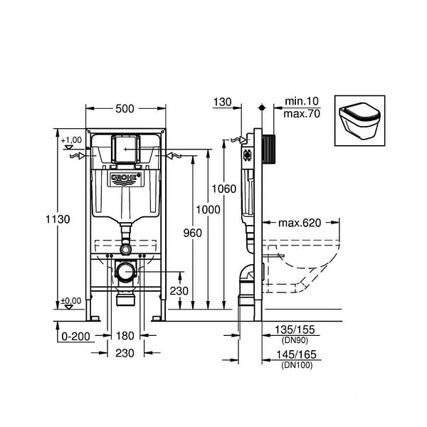 GROHE - Pack WC Bâti-support Rapid SL + Cuvette SAT Infinitio noire mat + Abattant frein de chute + Plaque Chrome + Set habillage - large