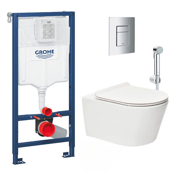 GROHE - Grohe Pack WC Bâti-support Rapid SL + WC sans bride Brevis + Abattant softclose + Douchette bidet + Plaque chrome - large