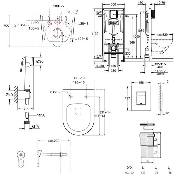 GROHE - Grohe Pack WC Bâti-support Rapid SL + WC sans bride Brevis + Abattant softclose + Douchette bidet + Plaque chrome - large