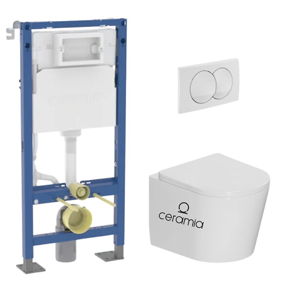 GEBERIT - Pack WC bâti-support autoportant Duofix 112cm + WC suspendu sans bride + abattant SoftClose + plaque blanche (CETORGEBX-SP) - large
