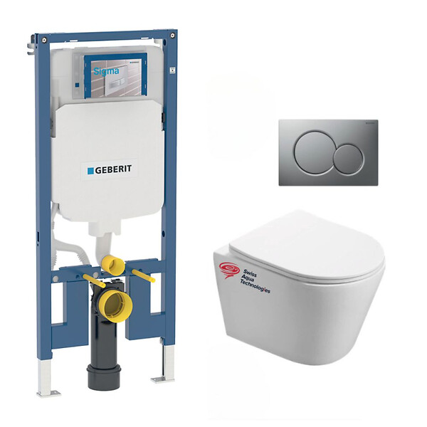 GEBERIT - Pack WC Bati-support Geberit extra-plat + Cuvette SAT Infinitio sans bride fixations invisibles + Plaque chrome mat - large