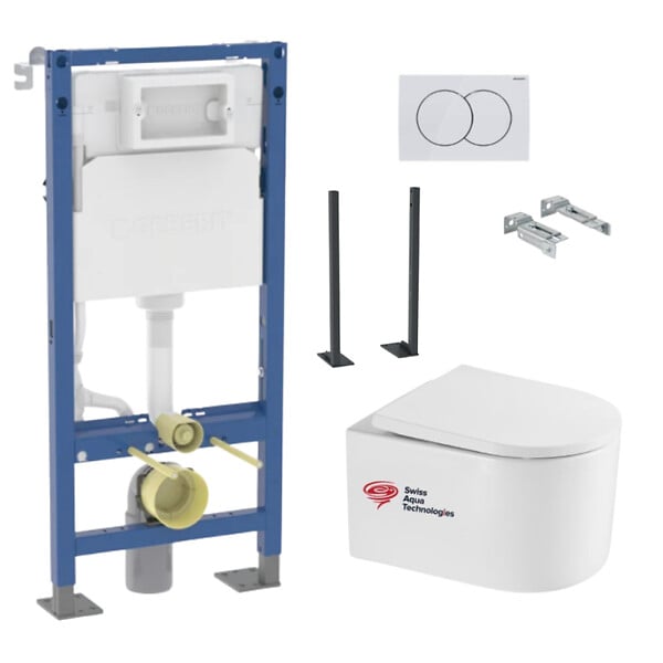 GEBERIT - Bâti-support Geberit + WC sans bride Swiss Aqua Technologies + Abattant SoftClose + pieds autoportants + Plaque (DelanoTQGebX) - large