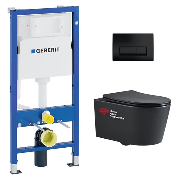GEBERIT - Pack WC Bati-support Geberit + WC Swiss Aqua Technologies sans bride + abattant SoftClose + plaque noire mat (BLSATGEB10SP) - large