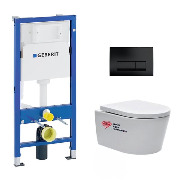 GEBERIT - Pack WC Bâti-support Geberit + cuvette Swiss Aqua Technologies suspendue sans bride + plaque noir mat (SATRIMLESSGEB10-SP) - large