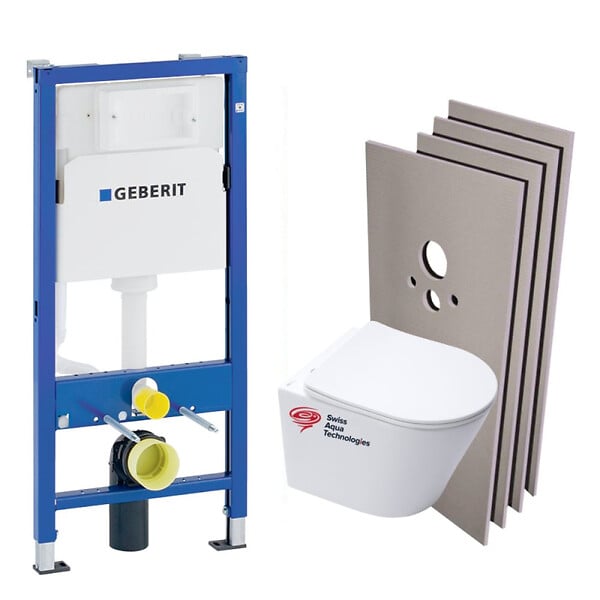 GEBERIT - Pack WC Bati-support Geberit Duofix UP100 + Cuvette SAT Infinitio sans bride + Set d'habillage + Plaque blanche - large