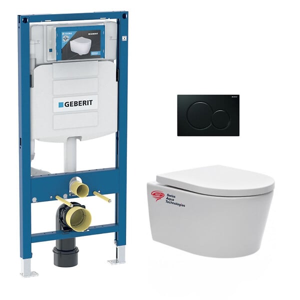 GEBERIT - Pack WC Bati-support Geberit avec Cuvette SAT rimless fixations invisibles + Abattant softclose + Plaque noire (GebSatrimless-A) - large