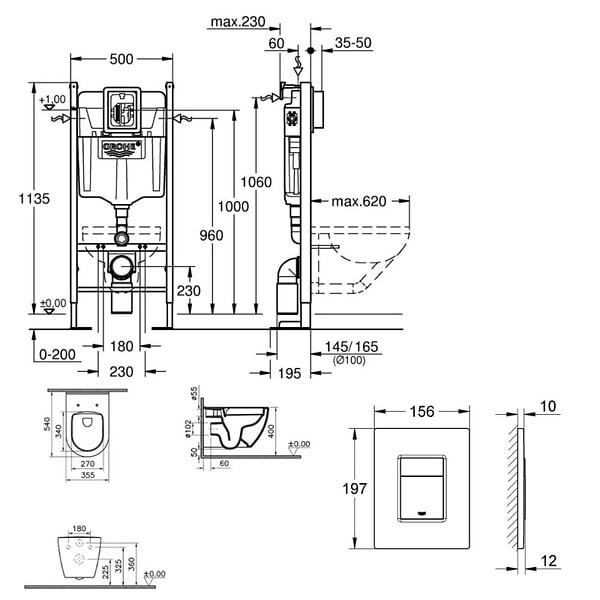 GROHE - Pack bâti support+WC sans bride + Abattant avec frein de chute+Plaque de commande (ProjectS60-1) - large