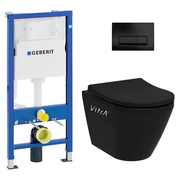 GEBERIT - Duofix UP100 Pack bâti-support + WC sans bride Vitra Integra + Abattant SoftClose + Plaque Delta 50 Noir Mat (BlackIntegraGeb10) - large