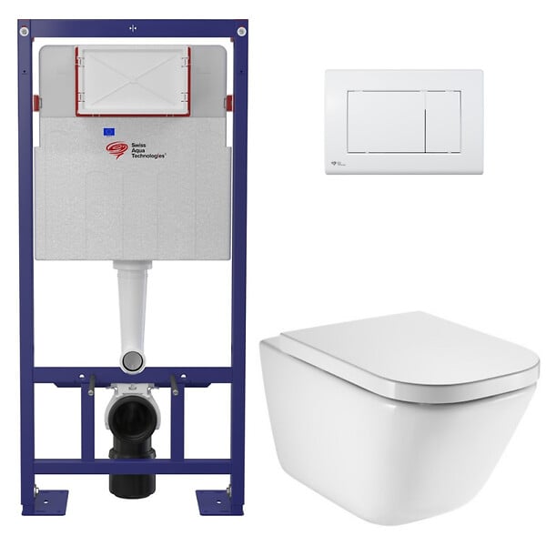 SWISS AQUA TECHNOLOGIES - Swiss Aqua Technologies Pack WC bâti-support autoportant + WC suspendu sans bride avec abattant SoftClose + plaque blanche (STROGAWR01-U) - large